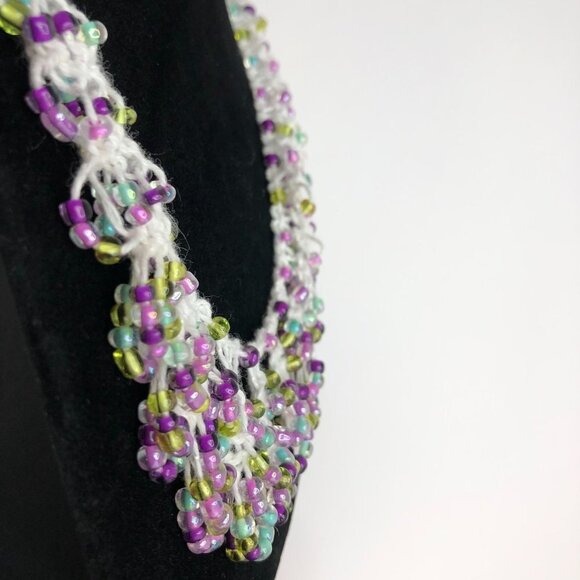 Crochet Yarn Colorful Beaded Bib Necklace White Purple Unique Statement - Picture 3 of 7